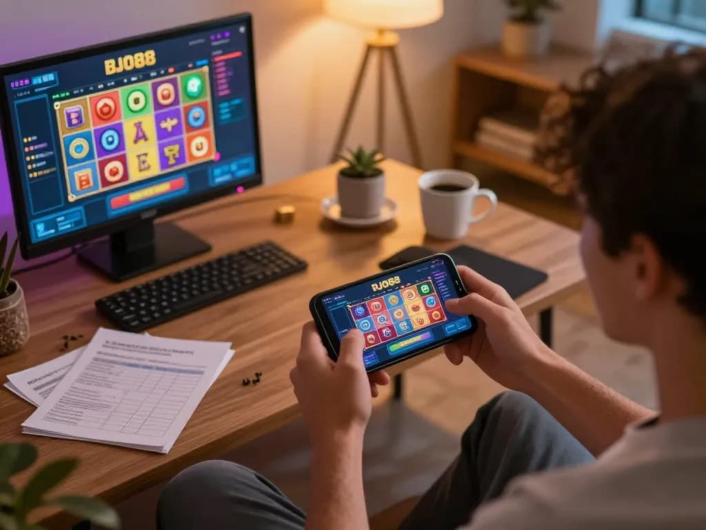 Pemain BJO88 sedang terlibat dalam sesi permainan slot online yang mengasyikkan di perangkat seluler di lingkungan rumah yang nyaman.