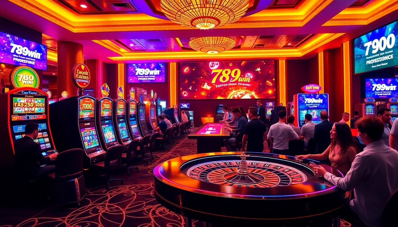 Players immersed in the excitement of 789win casino games with vibrant slot machines and roulette.