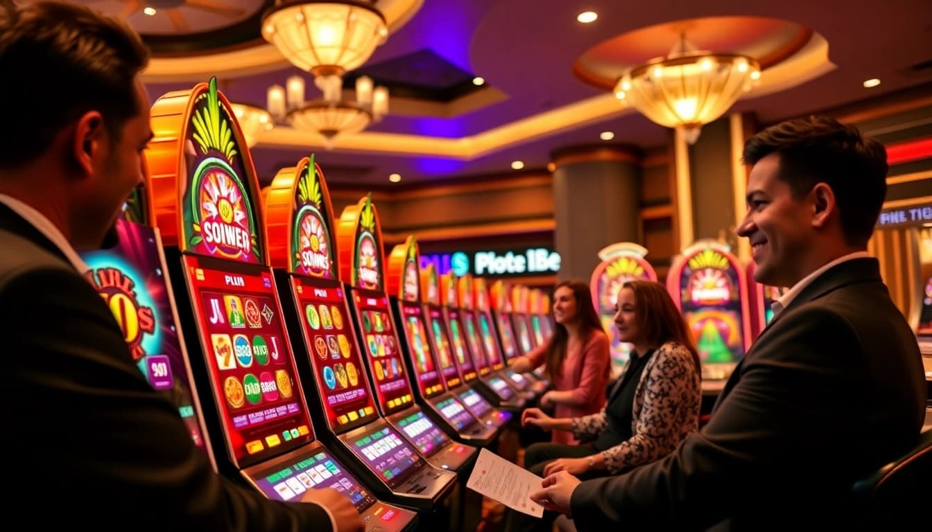 Players enjoying the excitement of slot888 games with vibrant slot machines and a thrilling atmosphere.
