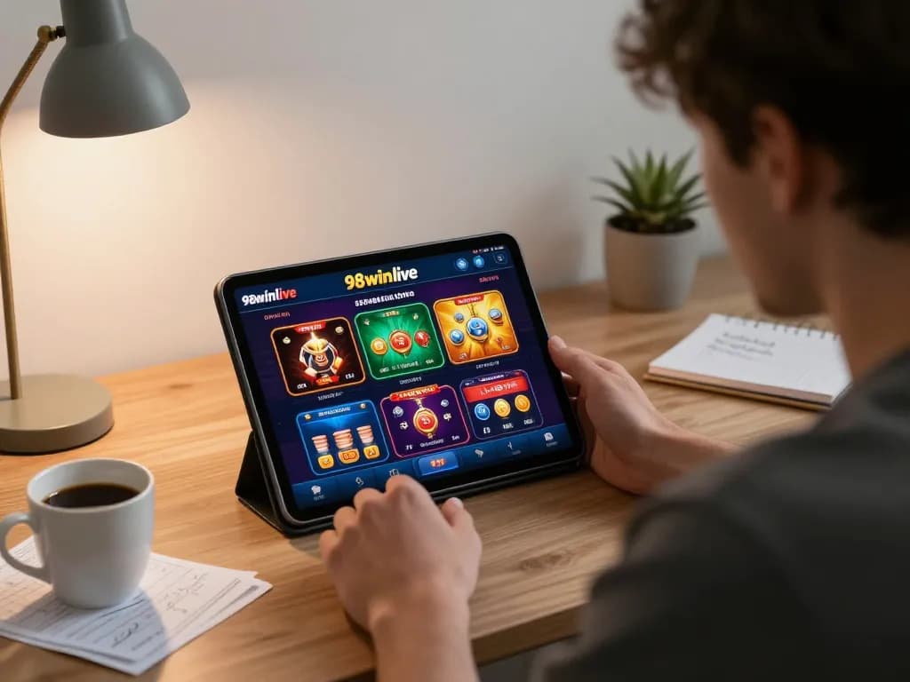Engaged player using tablet for online gaming at 98winlive, showcasing strategy and entertainment