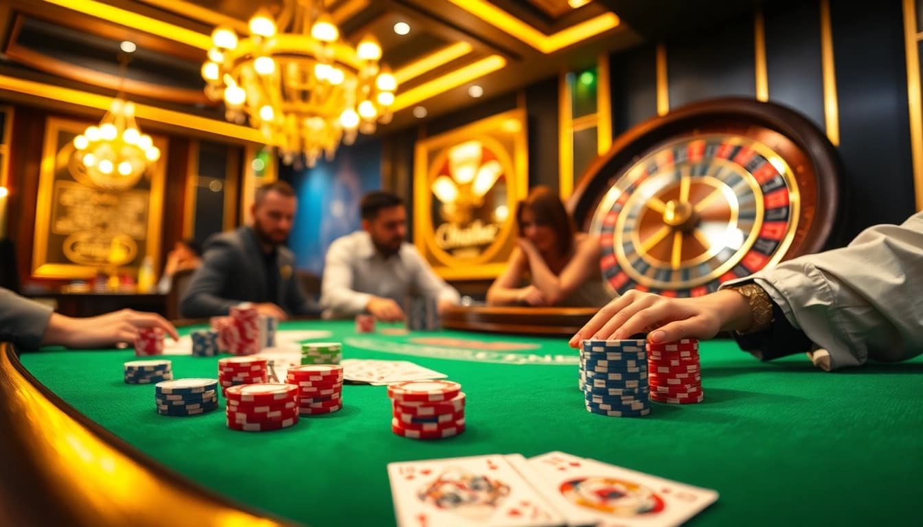 Thabet casino scene featuring vibrant poker tables, colorful chips, and strategic gameplay.