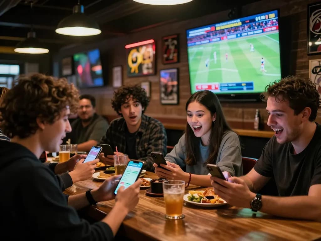 Soi kèo Brazil excitement as bettors engage with their phones while watching live sports in a vibrant bar.
