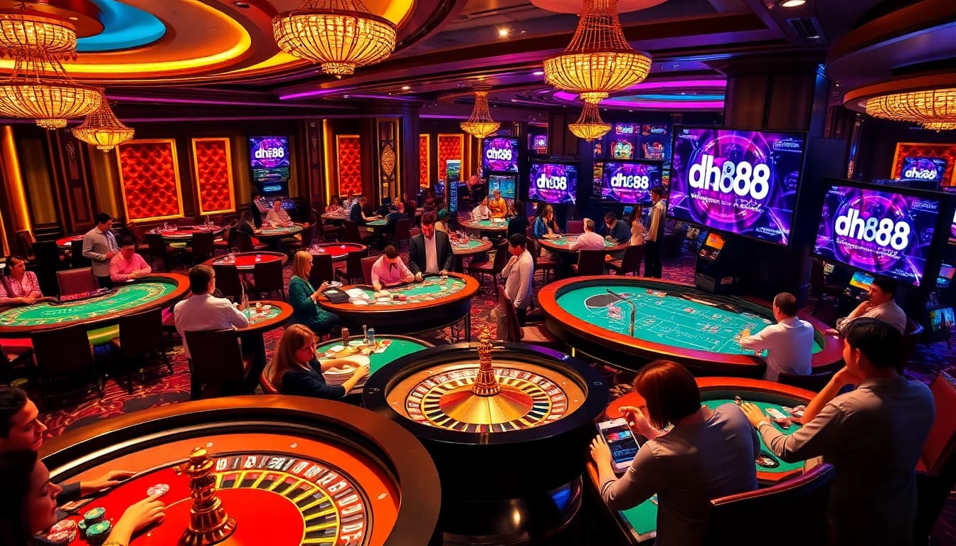 High-stakes gaming at dh88 casino with players engaged in thrilling card games and roulette actions.