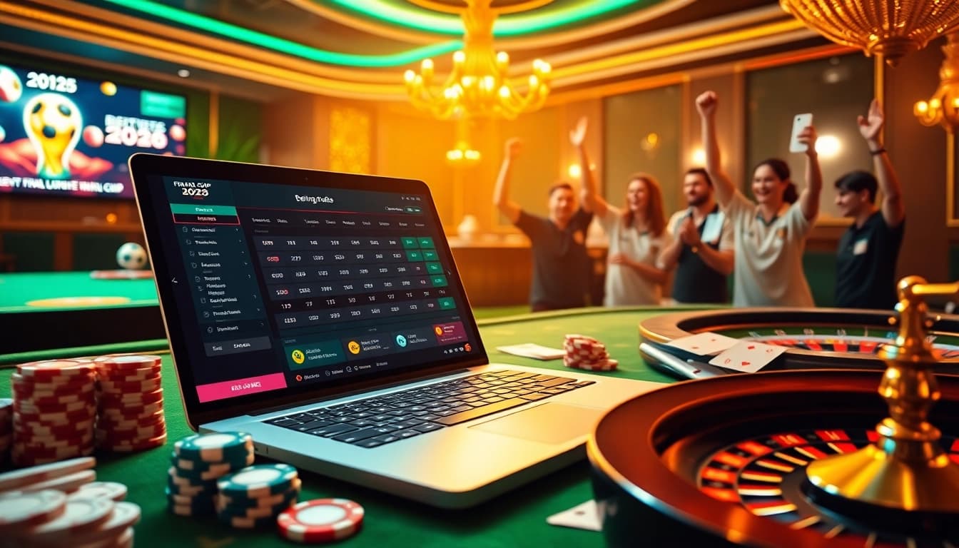 Experience the excitement of Judi Bola Piala Dunia with vibrant online betting scenes and casino elements.