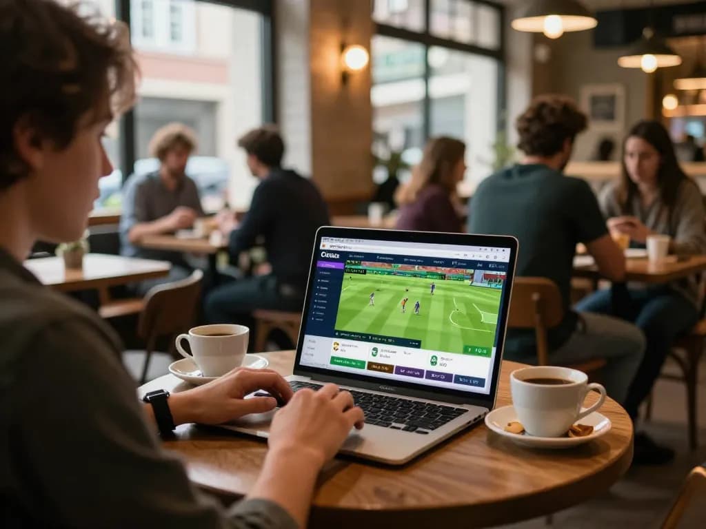 Engaging with live betting on https://crickex.fit/ in a cozy coffee shop setting.