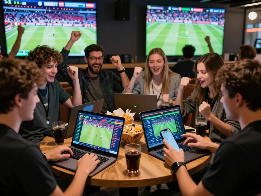 SBOBET online sports betting scene with bettors engaging on multiple devices, showcasing excitement and live odds.