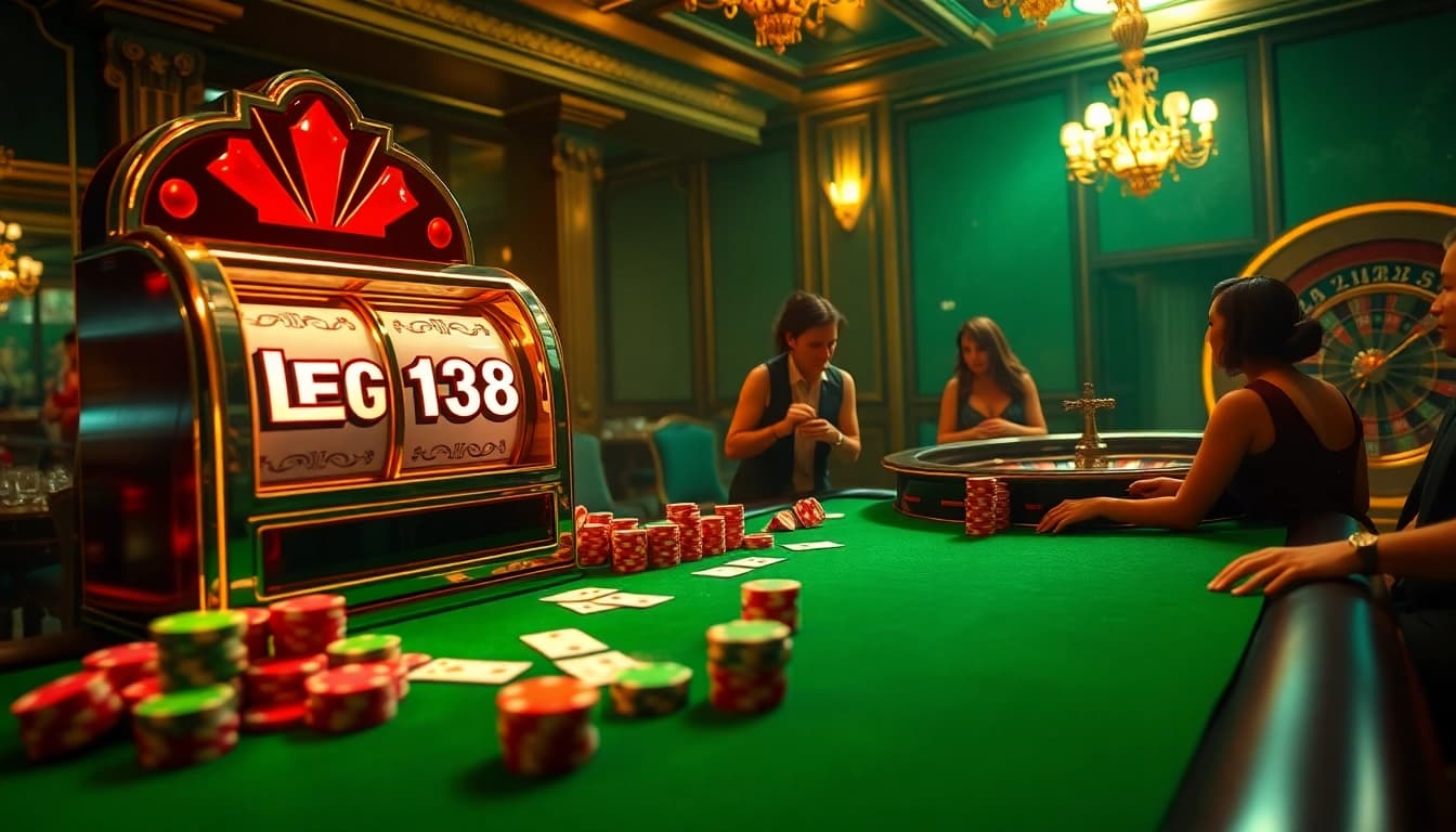 Players enjoying an exciting LEGO138 slot game, with chips and cards at a luxurious casino table.