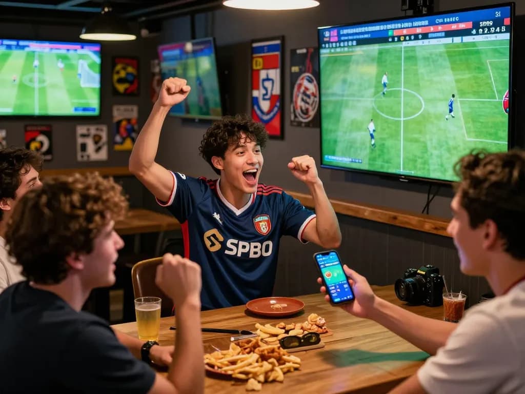 Penggemar taruhan olahraga yang antusias merayakan pembaruan langsung SPBO di suasana bar yang meriah.