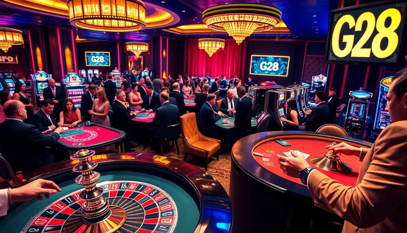 Experience the excitement of G28 at a vibrant casino with players enjoying roulette and poker.