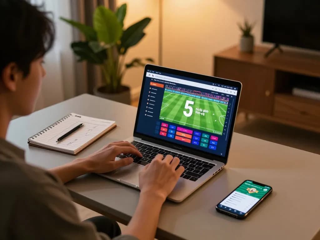 Tỷ lệ kèo nhà cái 5 viewed on a sleek laptop during a home sports betting session, with focus on strategy notes.