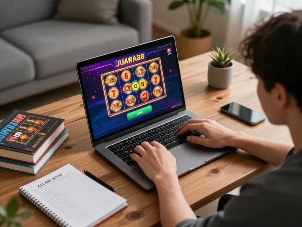 Engaged player using JUARA88 platform for exciting online slot games in a cozy home environment.