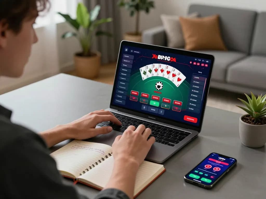 A player engages with poker on website botanicabali using a laptop in a cozy home setup