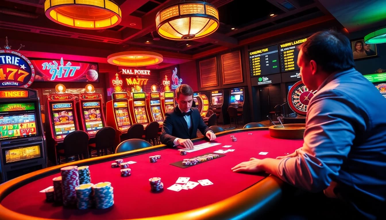 Experience thrilling gameplay at NA777 with professional dealers and vibrant casino elements.
