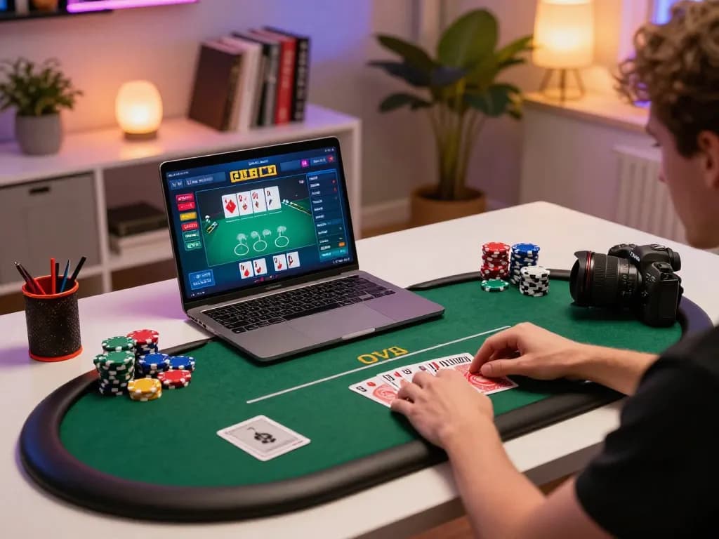 Engaging online poker session at home with ww88 interface visible on laptop screen, showcasing strategic gameplay.