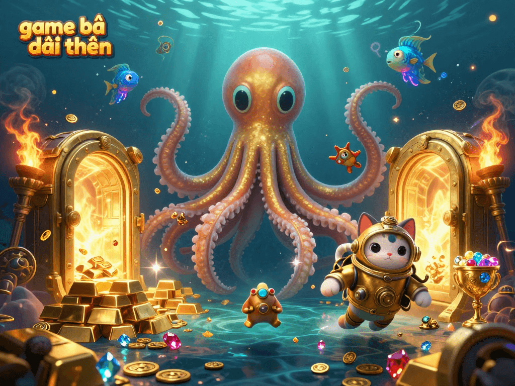Experience thrilling game bài đổi thưởng with a colossal kraken amidst dazzling treasures and sea creatures.