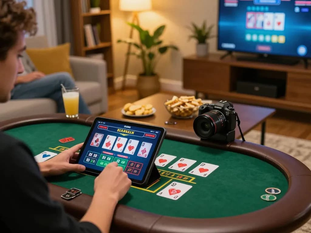 Person enjoying nohu90 live dealer blackjack on a tablet in a cozy home setting.