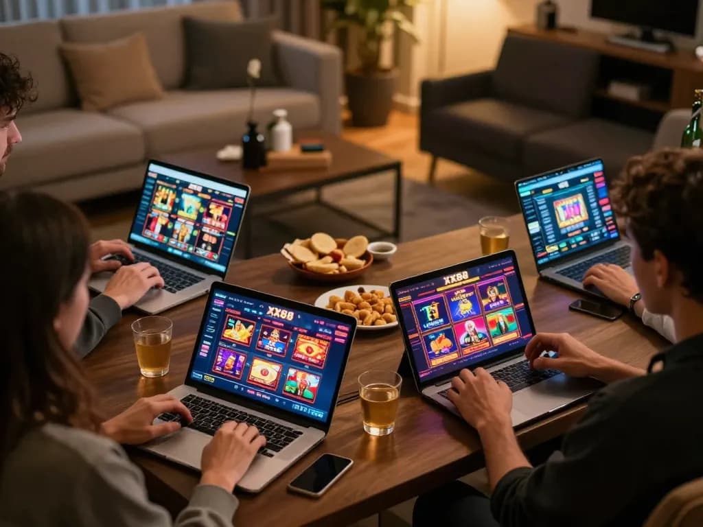 Engaged users exploring the trang chủ xx88 online casino platform, showcasing vibrant game displays and a comfortable at-home atmosphere.