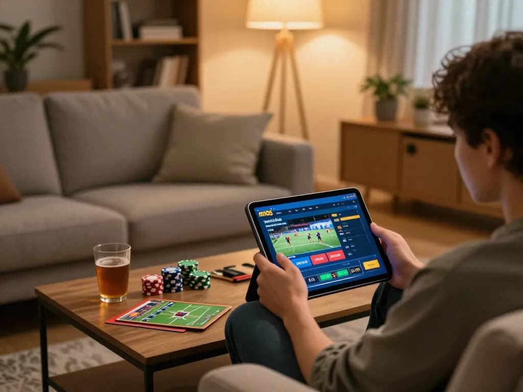 Engage in online betting on the ทางเข้า m105 platform with a cozy home setup filled with gaming essentials.