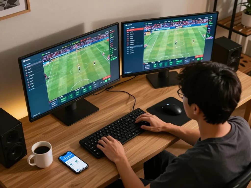 Bong88 sports betting player engaged in live events, showcasing strategic betting setup at home