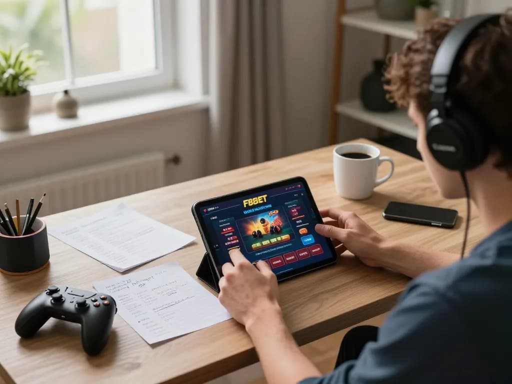Engaging scene of person gaming on F8BET app, showcasing online betting strategy.