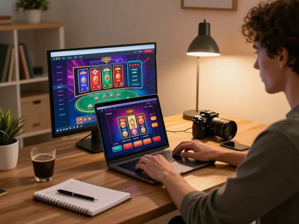 Player enjoying TT88 online casino games with laptop and betting notes in cozy home setting