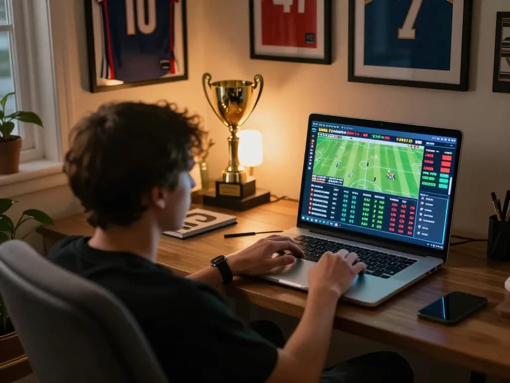 Engaging user analyzes bongdalu sports betting odds on a laptop in a cozy home setup