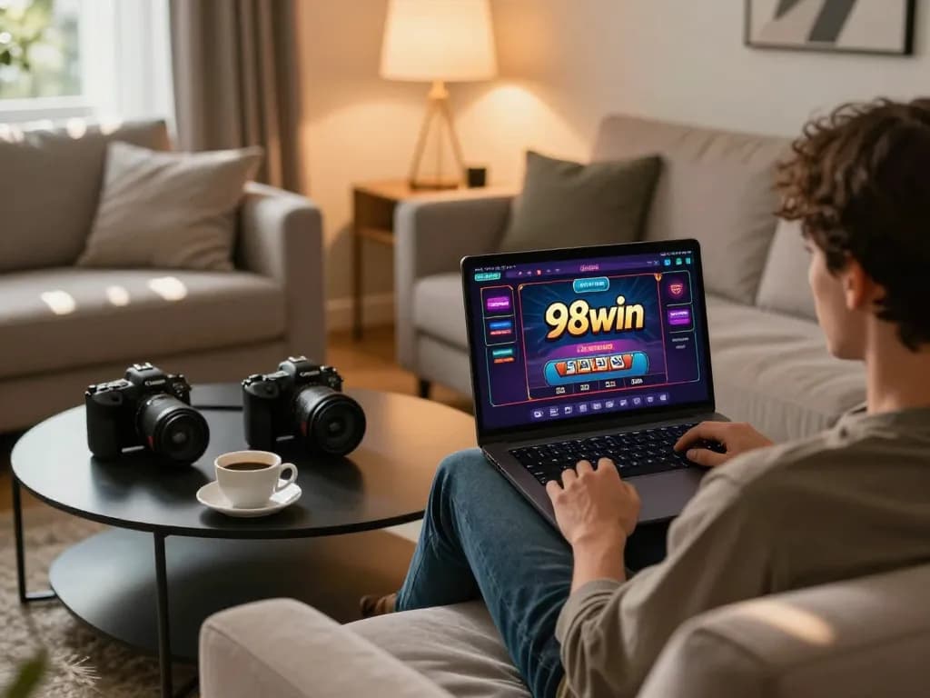 Player exploring 98win online casino from a stylish home setup with laptop, enjoying gaming at home.