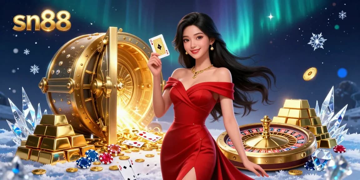 Experience thrilling games at sn88 with a confident player holding a golden card beside a roulette wheel.