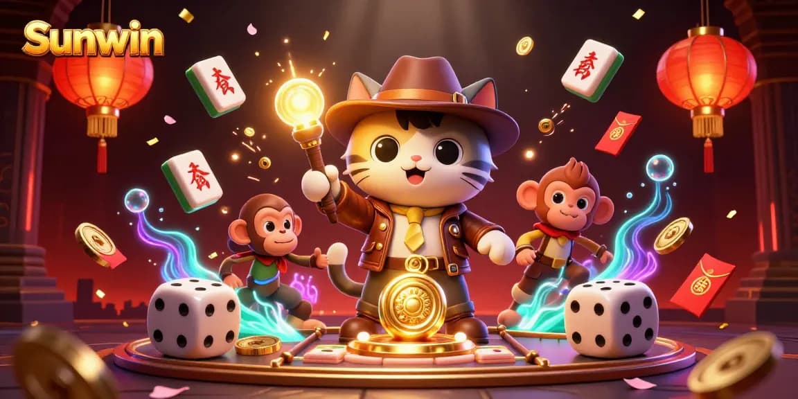 Engage with the exciting world of Sunwin through a vibrant illustration depicting a 3D archaeologist cat and monkey finding golden casino artifacts.