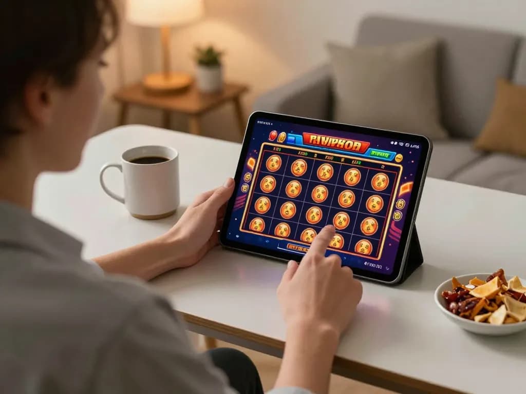 Player enjoying online casino gaming at home with kuwinfi slot machine excitement