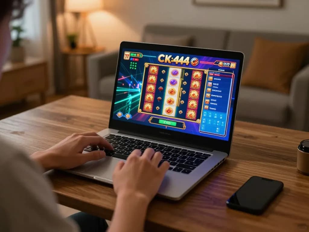 Person engaged in CK444 online gaming, showcasing vibrant slot gameplay on a laptop screen in a cozy home atmosphere