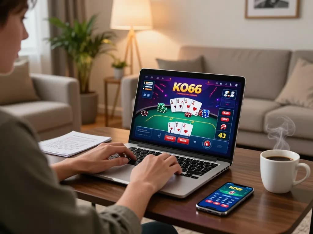 Người chơi tương tác với ứng dụng casino KO66 trên laptop, tiết lộ gameplay poker sống động trong một phòng khách ấm cúng.
