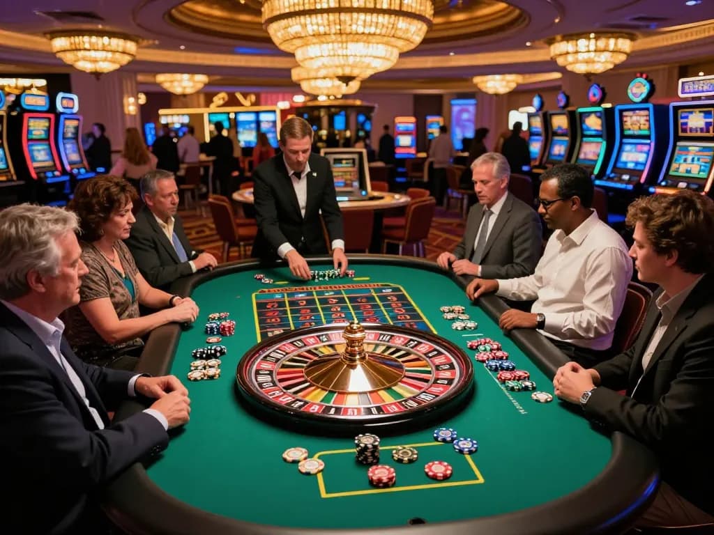 MM88 players placing bets at a vibrant roulette table in a luxurious casino atmosphere.