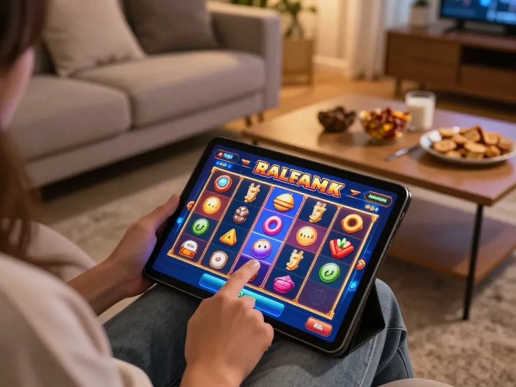 Memainkan slot dalam talian malaysia di tablet yang memaparkan skrin putaran yang menarik dalam suasana rumah yang selesa