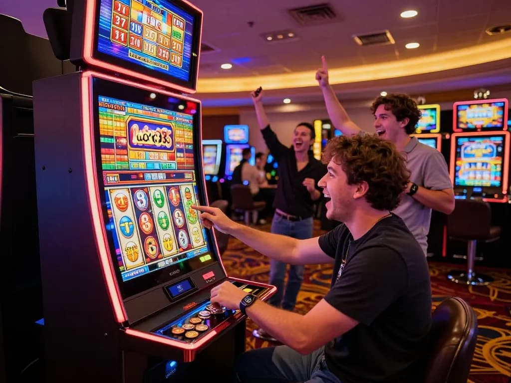 Excited player spinning Lucky 88 slot machine in vibrant casino atmosphere with colorful lights and cheering friends.