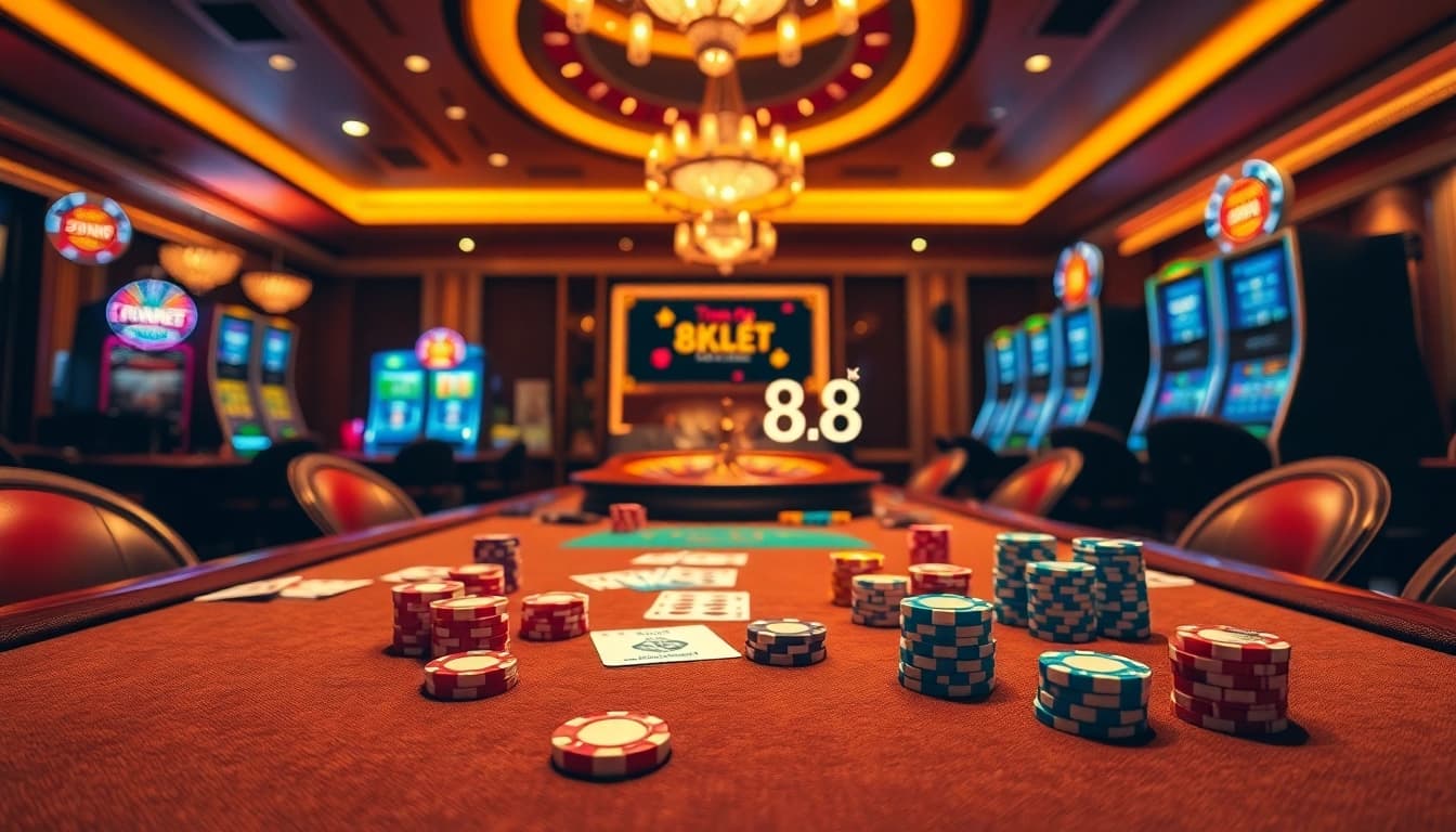 Experience the excitement of Trang Chủ 8kbet with stylish casino gaming on a luxurious poker table.