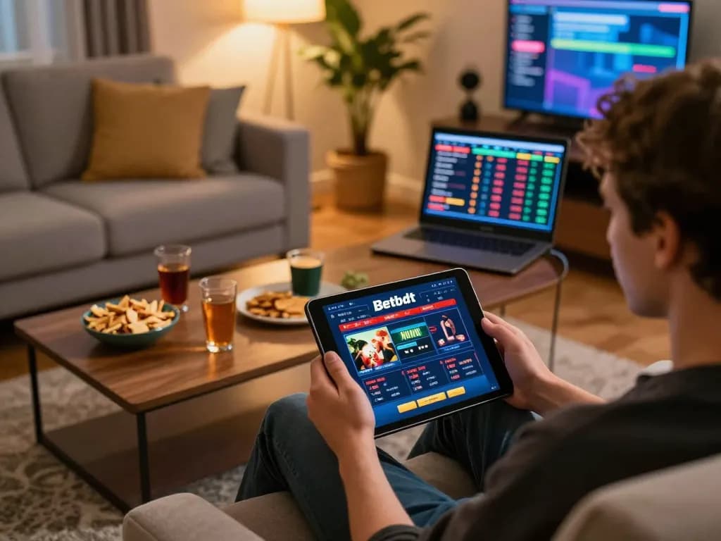 Player enjoying online gaming on Betbdt platform in cozy home environment.