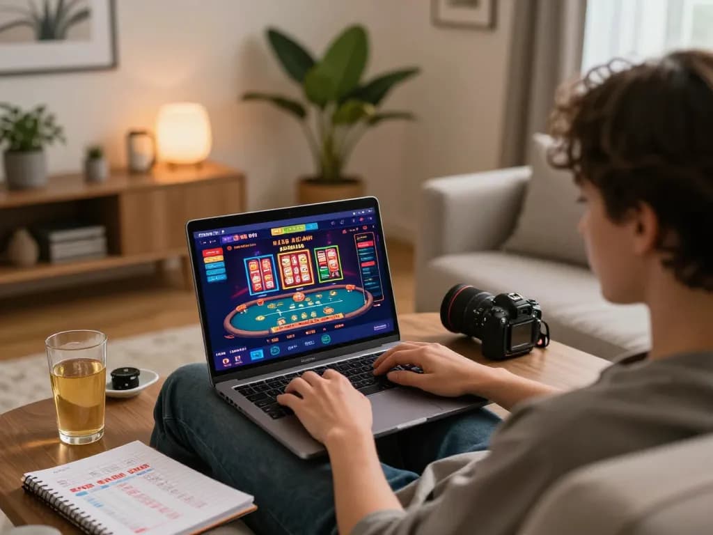 Engaging in online gaming at 123B MVP with a laptop at home, showcasing responsible gambling.