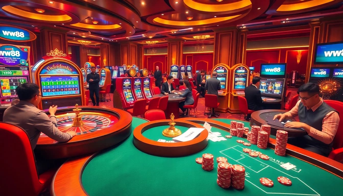 Action-packed gaming moment at ww88 showcasing roulette, slots, and poker excitement.