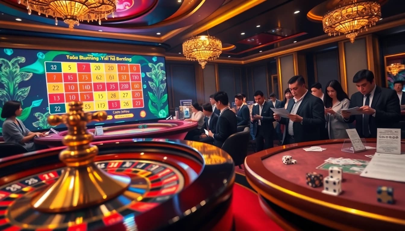 Xổ số hôm nay lottery tickets and spinning roulette wheel create an exciting casino atmosphere.