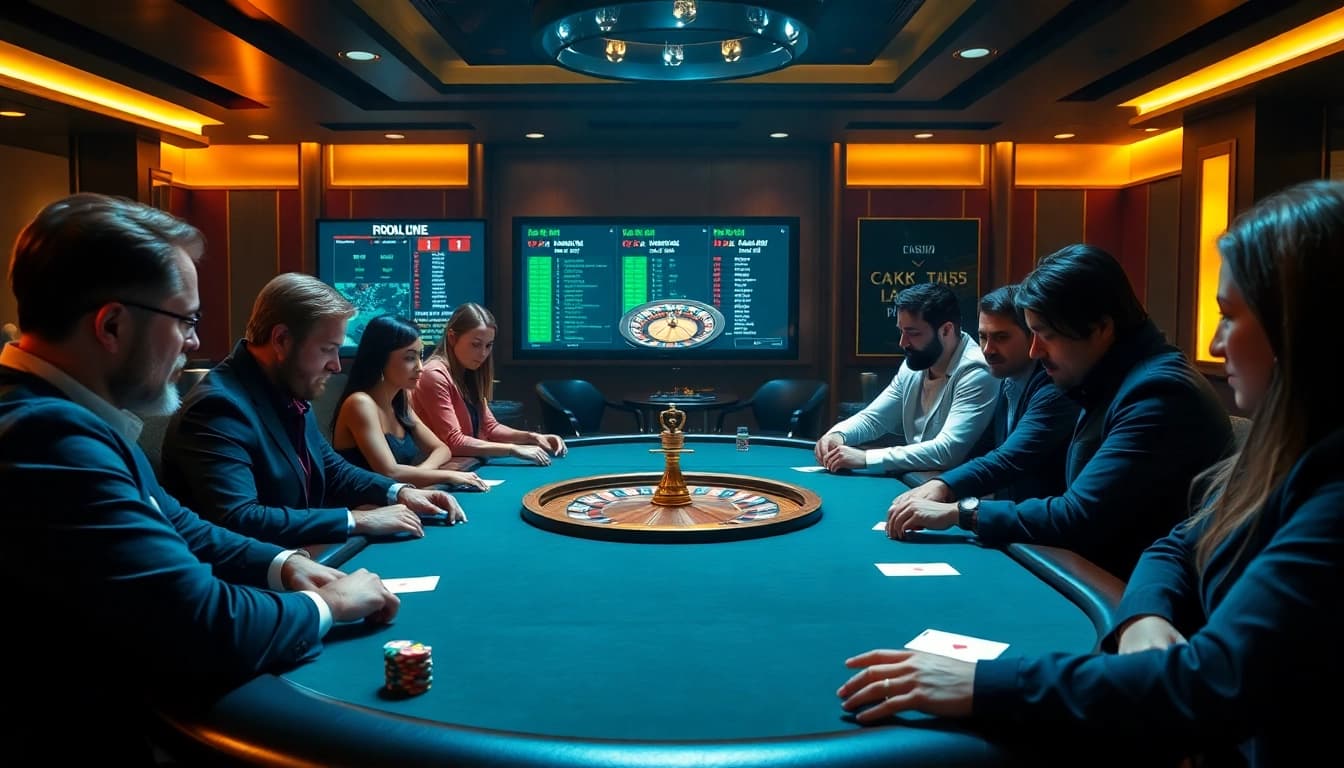 Engaging players at a poker table in a luxurious casino while referencing the hidden wiki.