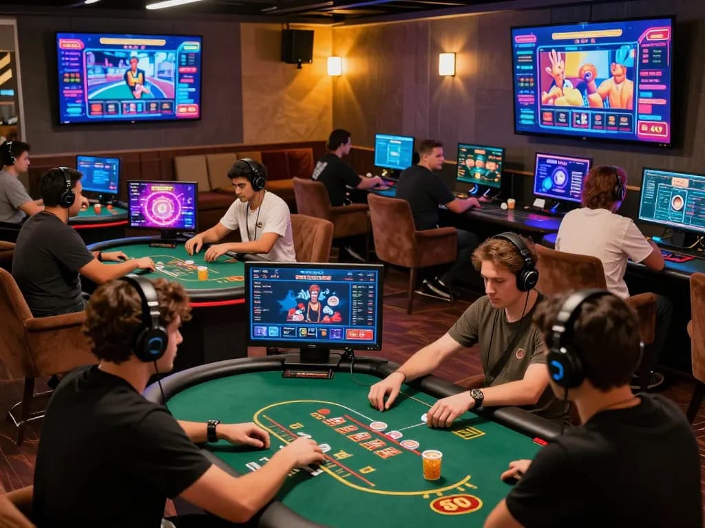 Engaging gaming atmosphere on five88 with players enjoying diverse casino games and vibrant digital displays.