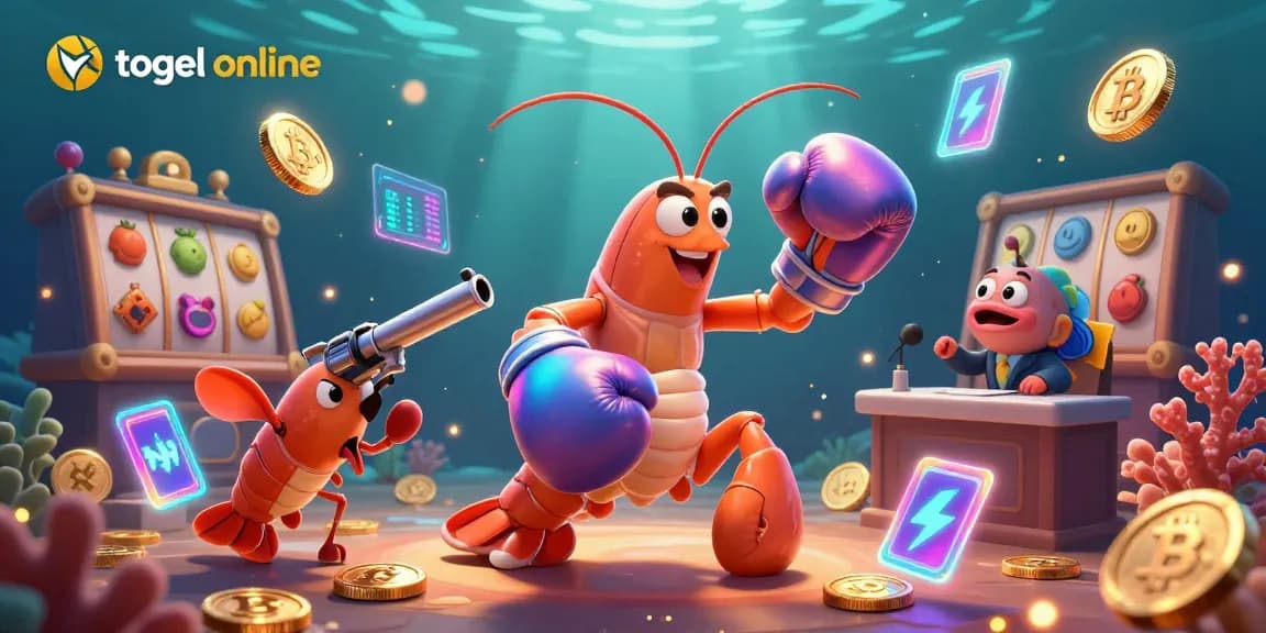 Engage in togel online with vibrant 3D elements, featuring energetic marine characters and glowing crypto coins.