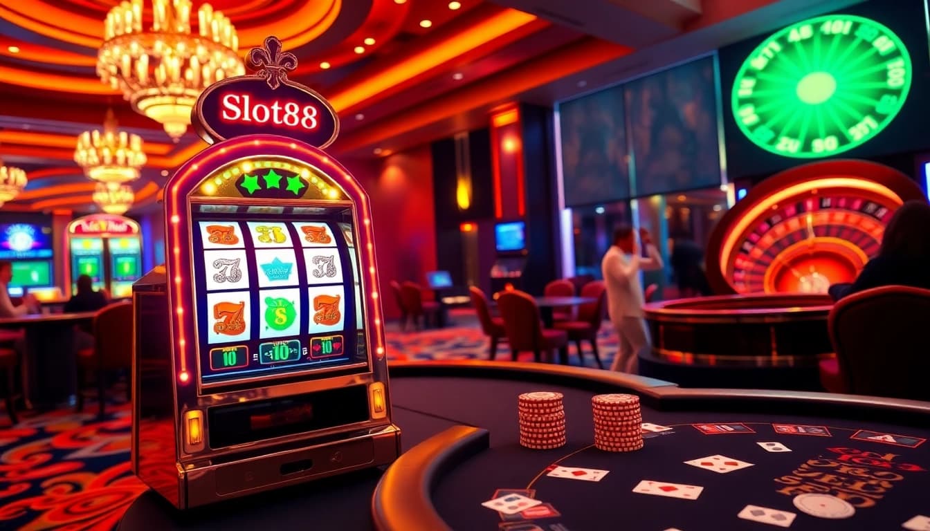 Rasakan kemenangan mendebarkan di slot88 pada mesin slot yang cerah dalam suasana kasino yang glamor.