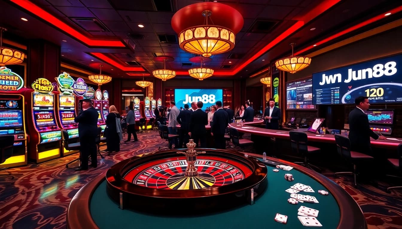 Players enjoying thrilling games at Jun88's luxurious casino, showcasing slots and poker action.