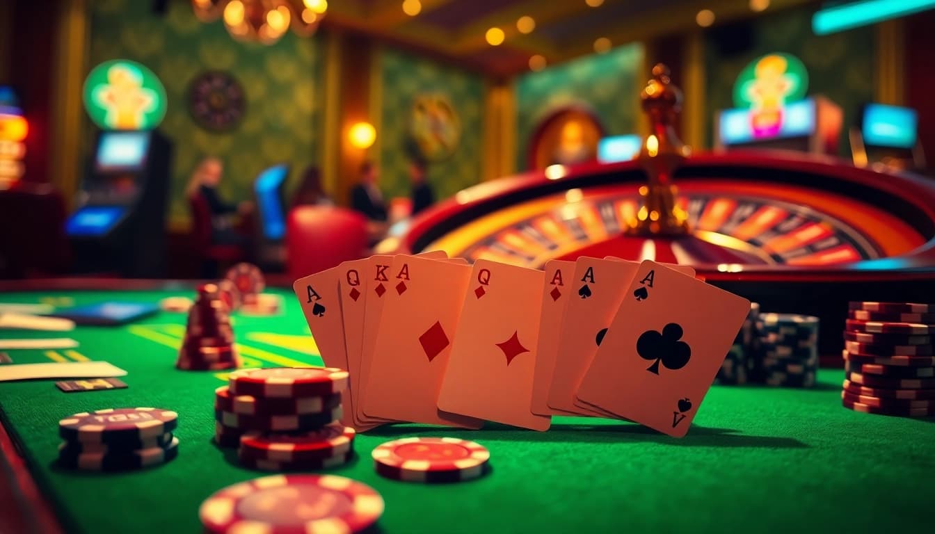 Engaging 789win players at a luxurious casino table with poker chips and roulette wheel.