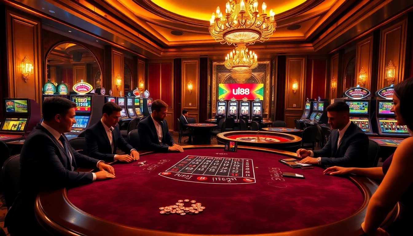 Experience the excitement of uu88 at a luxurious casino table with vibrant slot machines.
