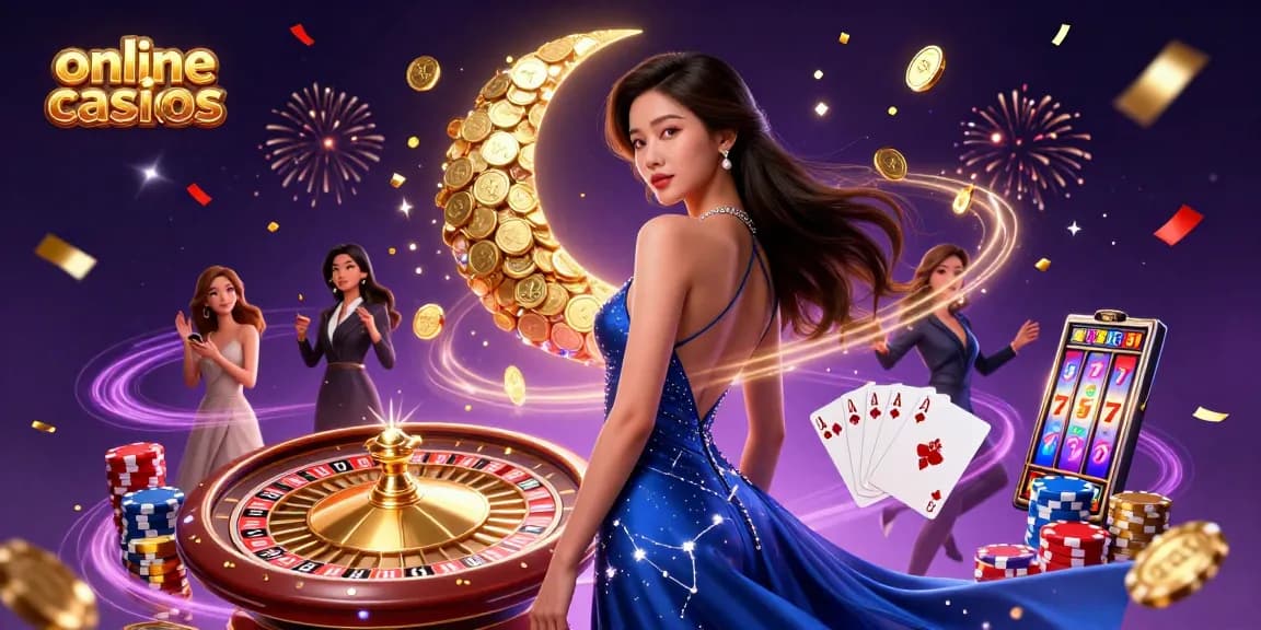 Experience the excitement of online casinos with vivid casino elements and a stunning Asian character illustration.