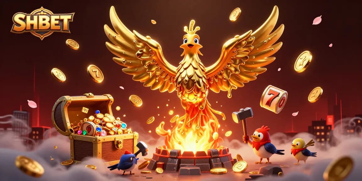 Experience an exciting SHBET gaming adventure with golden phoenix and slot reels in a vibrant casino illustration.