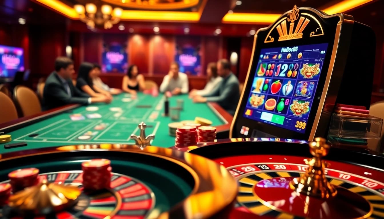 Hello88 players engaging with casino slots and poker chips in a vibrant gambling atmosphere.
